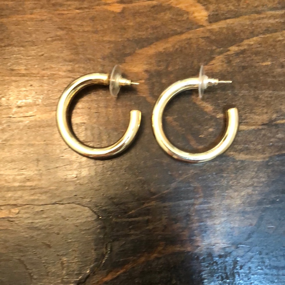 Kendra Scott gold hoops! Lightweight and they go with everything.